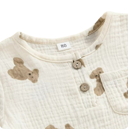 The Andres - Baby Boy Bear Print Short Sleeve Pocket T-shirts Tops + Drawstring Shorts