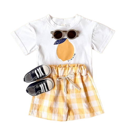 The Abraham - Baby Boy Lemon Print T-Shirt + Checkered Beach Shorts