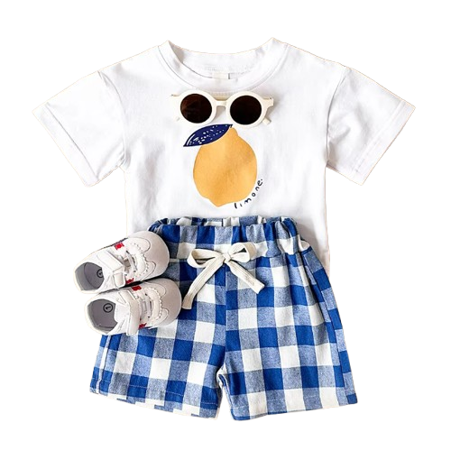 The Abraham - Baby Boy Lemon Print T-Shirt + Checkered Beach Shorts