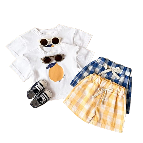 The Abraham - Baby Boy Lemon Print T-Shirt + Checkered Beach Shorts