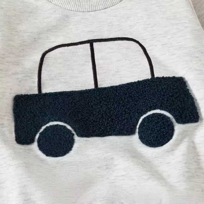 The Bodhi - Baby Boy Grey Car Embroidery Long Sleeve Pullover Sweatshirt + Elastic Waist Pants