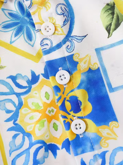 The Bryan - Baby Boy Lemon Printed Shirt Top+Same Color Printed Shorts Hawaiian Style Set