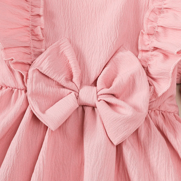 The Mariah - Baby Girl Pink Ruffled Edges and Bow Long Sleeved Dress + Headband