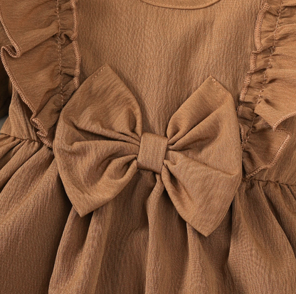 The Mariah - Baby Girl Brown Ruffled Edges and Bow Long Sleeved Dress + Headband