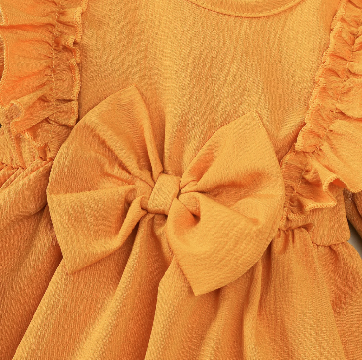 The Mariah - Baby Girl Yellow Ruffled Edges and Bow Long Sleeved Dress + Headband
