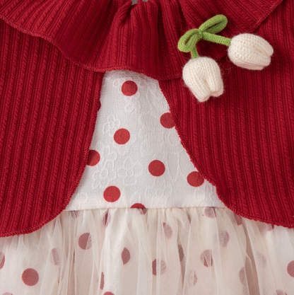 The Wynter - Baby Girl Red Knit Long Sleeve Dress Red Polka Dot Print Mesh with Bow