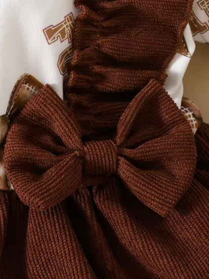 The Elisa - Baby Girl Brown Dress Ruffled Bow Corduroy Long Sleeved Dress + Headband