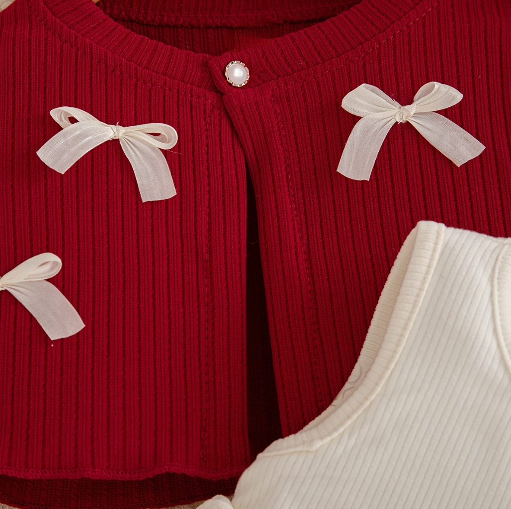 The Alexandria - Baby Girl Red Bow Knit Red Coat with Sleeveless Cake Dress