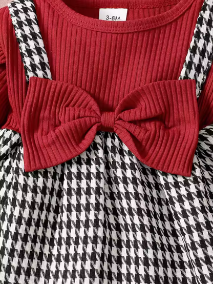 The Winnie - Baby Girl Round Neck Thousand Bird Grid Color Blocked Lotus Leaf Side Sleeve Fake Two Piece Strap Ski