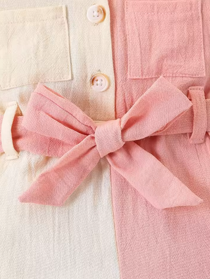 The Nylah - Baby Girl Color Block Long Sleeve Jumpsuit with Lapel Collar, Button Front Closure, Waist Bow Tie & Patch Pockets
