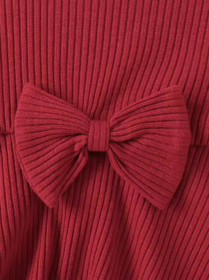 The Analeia - Girls Korean Style Wine Red Ribbed Knit Set with Big Bow Accent Outfit