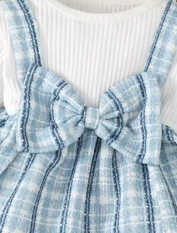 The Jovie - Baby Girl Romantic Blue Checkered Set: Long Sleeve Top, Pants & Headband