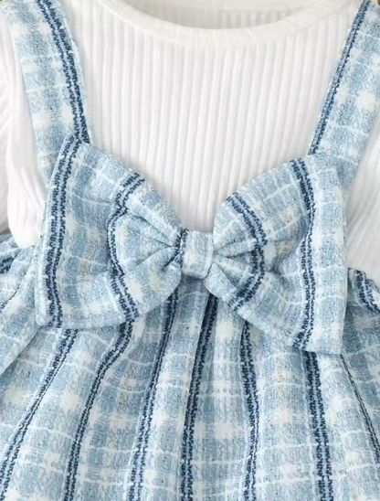 The Jovie - Baby Girl Romantic Blue Checkered Set: Long Sleeve Top, Pants & Headband