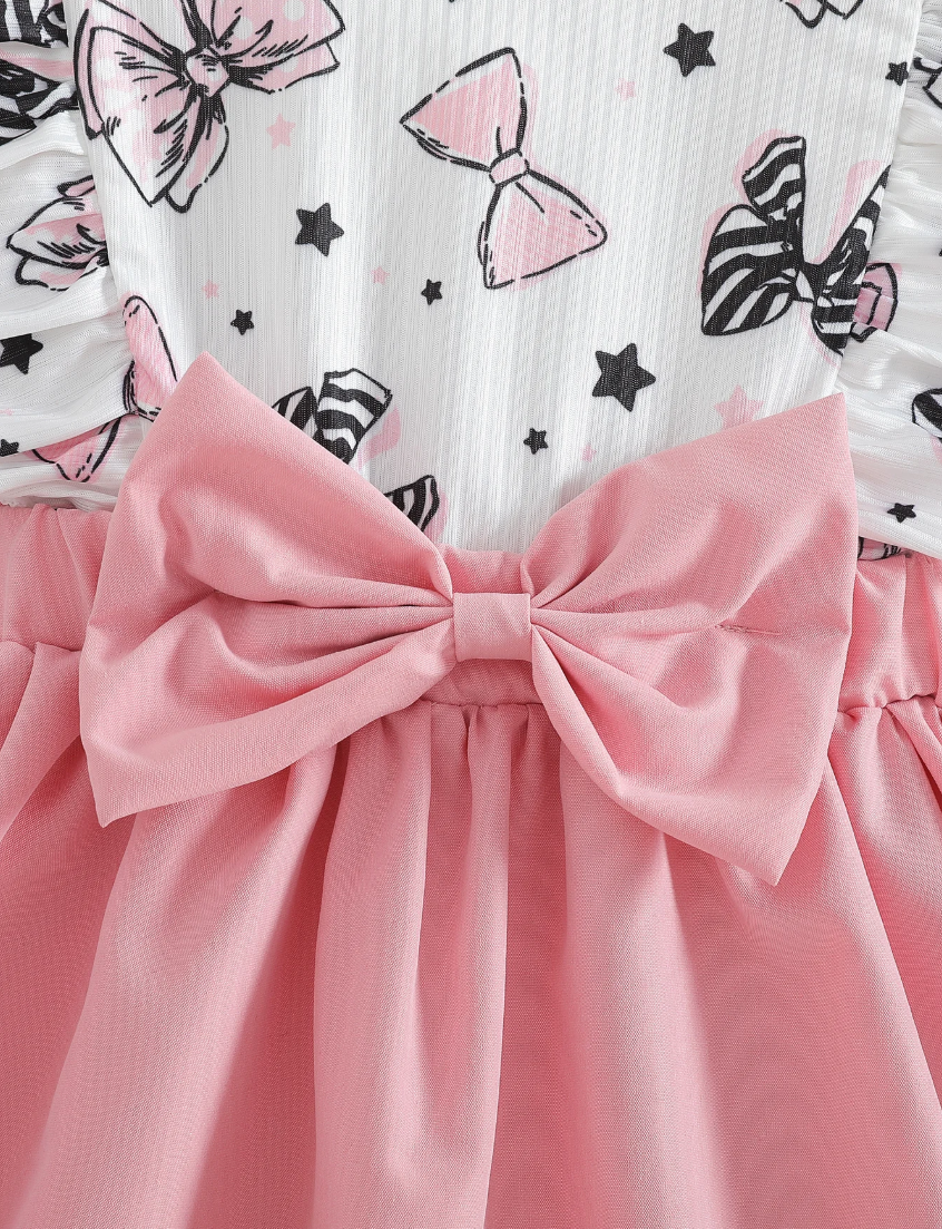 The Marlowe - Baby Girl Cartoon Bow Ruffle Long Sleeve Fake Two‑Piece Splice Dress + Headband