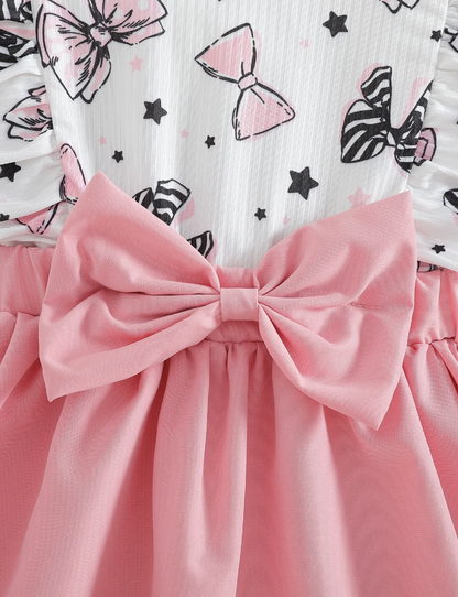 The Marlowe - Baby Girl Cartoon Bow Ruffle Long Sleeve Fake Two‑Piece Splice Dress + Headband