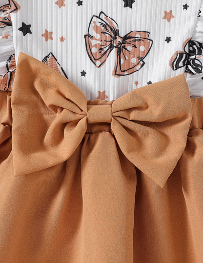 The Marlowe - Baby Girl Cartoon Bow Ruffle Long Sleeve Fake Two‑Piece Splice Dress + Headband