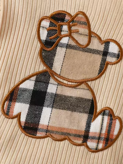 The Everlee - Baby Girl Bear Long Sleeve Jumpsuit + Plaid Bow Pants & Headband 3‑Pcs Set
