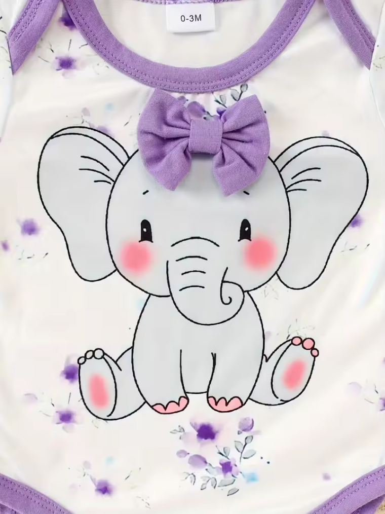 The Indie - Baby Girl 3PCS Purple Elephant Bodysuit Pants & Hat Outfit Set