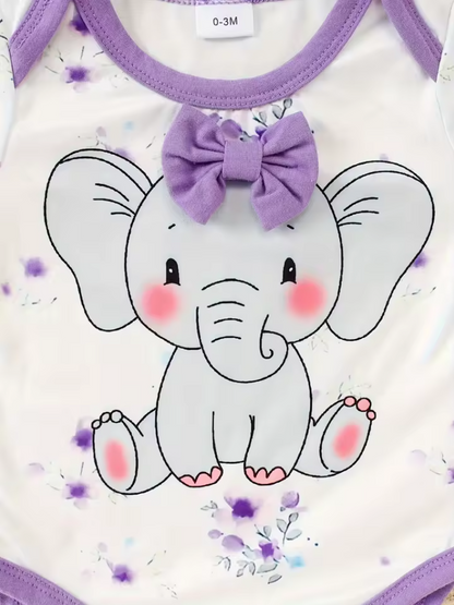 The Indie - Baby Girl 3PCS Purple Elephant Bodysuit Pants & Hat Outfit Set