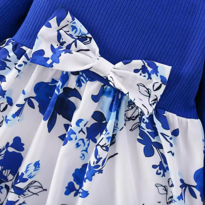 The Galilea - Baby Girl Blue Floral Dress Bow & Headband Long Sleeve Autumn Outfit