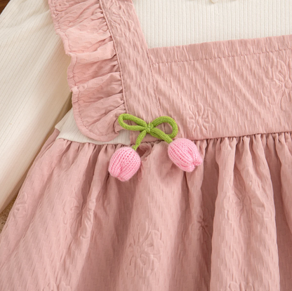The Noor - Toddler Girl Floral Knit Dress Long Sleeve Bow Pearl Party Outfit