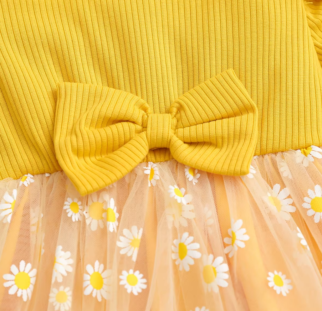 The Leslie - Girls Daisy Yellow Tulle Dress with Hairband Spring Autumn Cute Baby Girl Outfit Floral Print Skirt Set