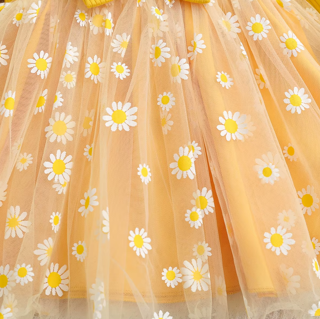 The Leslie - Girls Daisy Yellow Tulle Dress with Hairband Spring Autumn Cute Baby Girl Outfit Floral Print Skirt Set