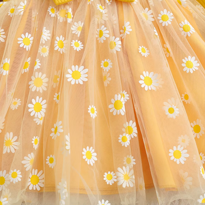The Leslie - Girls Daisy Yellow Tulle Dress with Hairband Spring Autumn Cute Baby Girl Outfit Floral Print Skirt Set