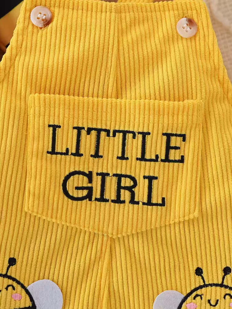 The Dayana - Baby Girl Bee Stripe Outfit Set – Ruffle Sleeve Top, Yellow Corduroy Pinafore Dress & Bow Headband