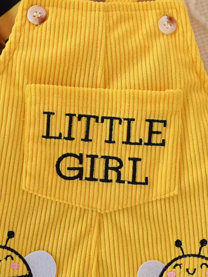 The Dayana - Baby Girl Bee Stripe Outfit Set – Ruffle Sleeve Top, Yellow Corduroy Pinafore Dress & Bow Headband