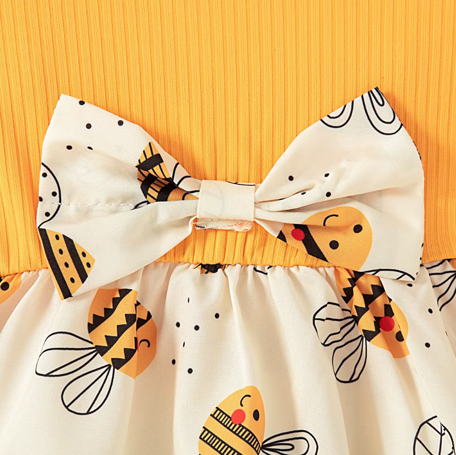 The Karsyn - Baby Girl Yellow Bee Dress Set – Cute Cartoon Bee Print Dress & Bow Headband