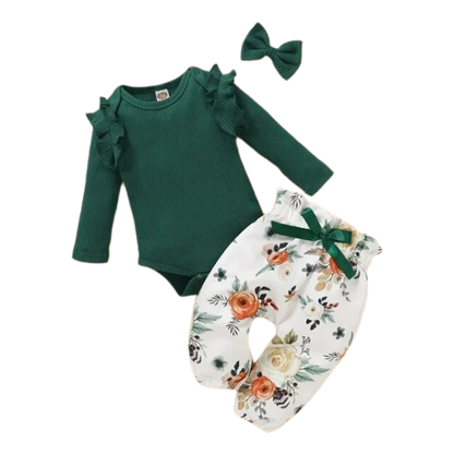 The Sidney - Newborn Baby Girl 3PC Outfit Set – Ruffle Romper, Bow Top & Pants