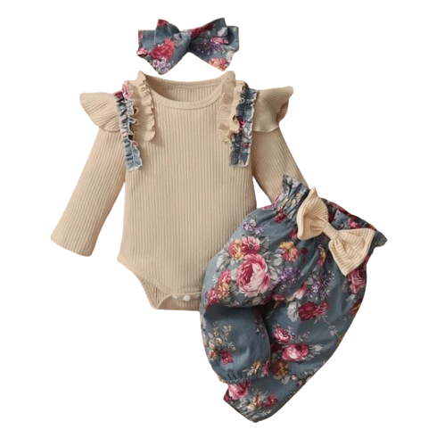 The Sidney - Newborn Baby Girl 3PC Ruffle Romper Bow Top + Pants Outfit Set