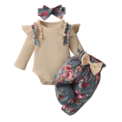 The Sidney - Newborn Baby Girl 3PC Ruffle Romper Bow Top + Pants Outfit Set
