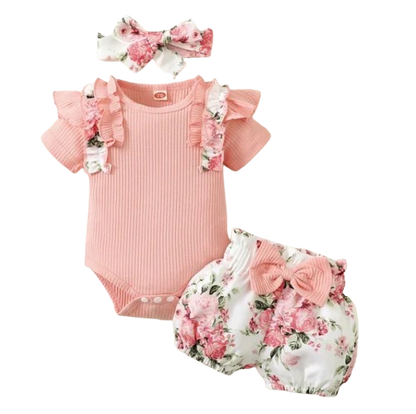The Sidney - Baby Girl 3PC Outfit Ruffle Romper Bow Top & Print Pants Set