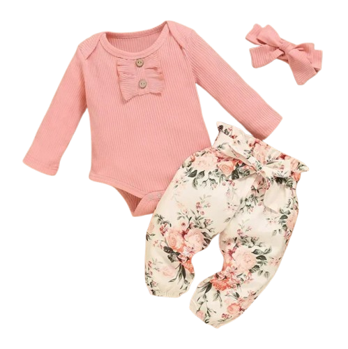The Sidney - Baby Girl 3PC Outfit Ruffle Romper Bow Top & Print Pants Set