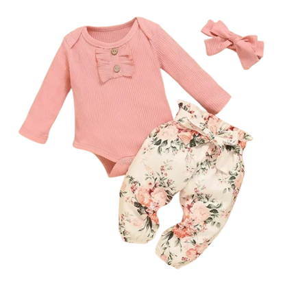 The Sidney - Baby Girl 3PC Outfit Ruffle Romper Bow Top & Print Pants Set