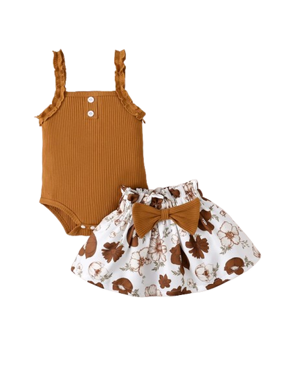 The Jaylin - Baby Brown Sleeveless Romper + Floral Skirt + Headband