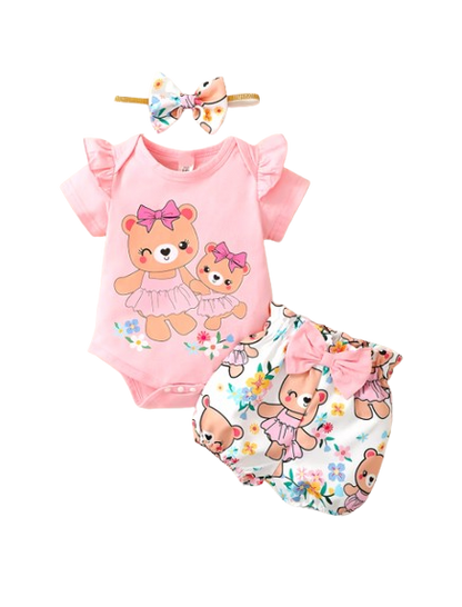 The Colby - Bear Cartoon Romper + Shorts + Headband