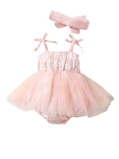 The Athena - Baby Girl Pink Strap Romper Dress with Headband