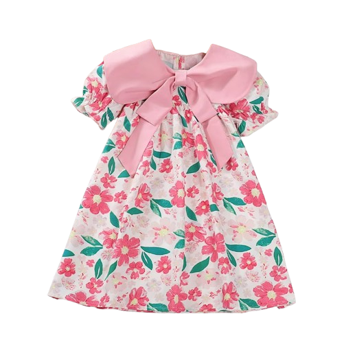 The Ava - Baby Girl Flip Neck Bow Flower Print Bubble Sleeve Dress