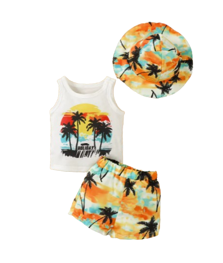 The Camden - Baby Boy Coconut Print Sleeveless Vest + Dyed Hat + Shorts