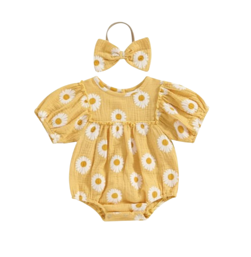 The Camille - Baby Girl Princess Daisy Print Short Sleeve Bodysuit