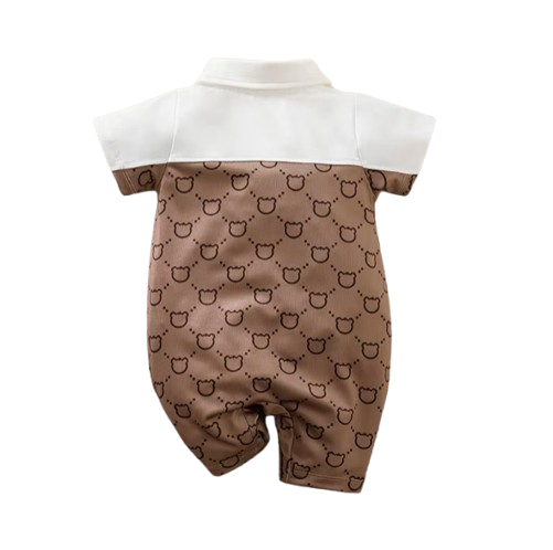 The Dawson - Baby Boy Cartoon Patchwork Bear Khaki Short Sleeved Jumpsuit