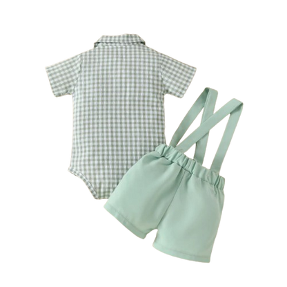 The Declan - Baby Boy Gentleman Plaid Short Sleeve Jumpsuit and Casual Stretch Suspender