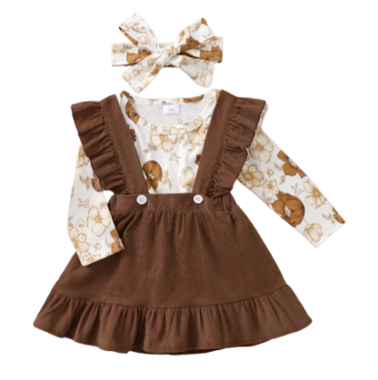 The Devan - Baby Brown/Green Floral Longsleeve Tops + Solid Colour Skirt + Headband