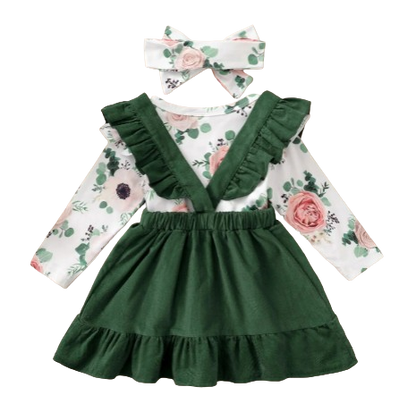 The Devan - Baby Brown/Green Floral Longsleeve Tops + Solid Colour Skirt + Headband