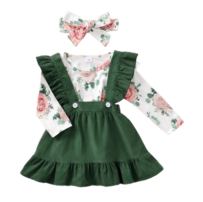 The Devan - Baby Brown/Green Floral Longsleeve Tops + Solid Colour Skirt + Headband