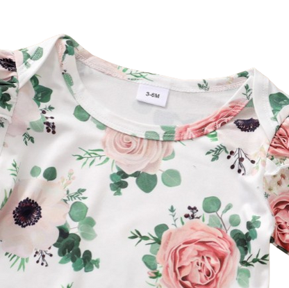 The Devan - Baby Brown/Green Floral Longsleeve Tops + Solid Colour Skirt + Headband