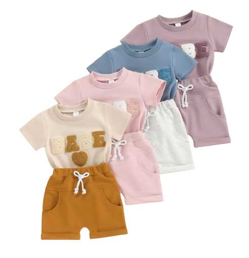 The Devon - Baby Unisex Fuzzy Heart Letter Embroidery Short Sleeve T-Shirts & Shorts